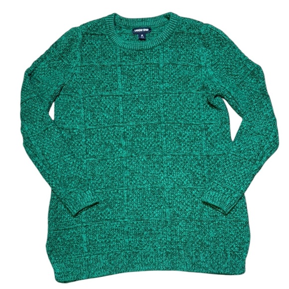 Lands' End Sweaters - Lands’ End Women’s Green Grid Knit Crewneck Sweater Size Medium Cotton Wool
